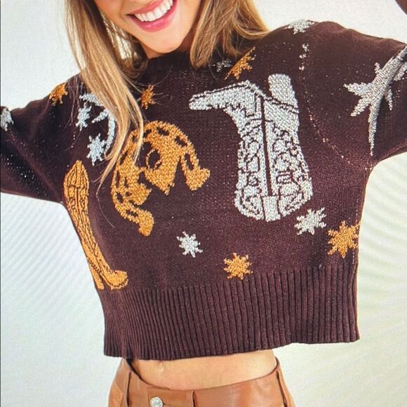 New! Western Metallic Cowboy Sweater Cropped Brown Size Small - Picture 1 of 9